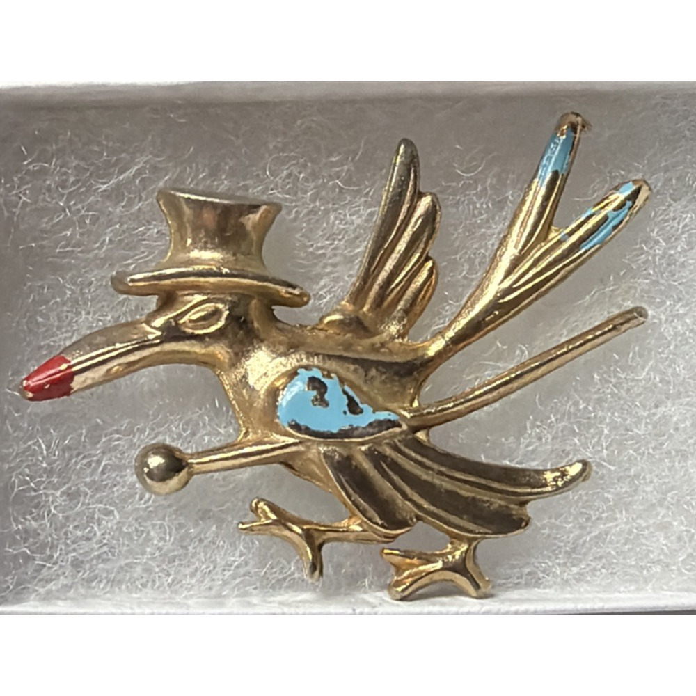 Vintage Roadrunner Natty Bird Pin Brooch Stork Gold Tone Enamel Top Hat Cane